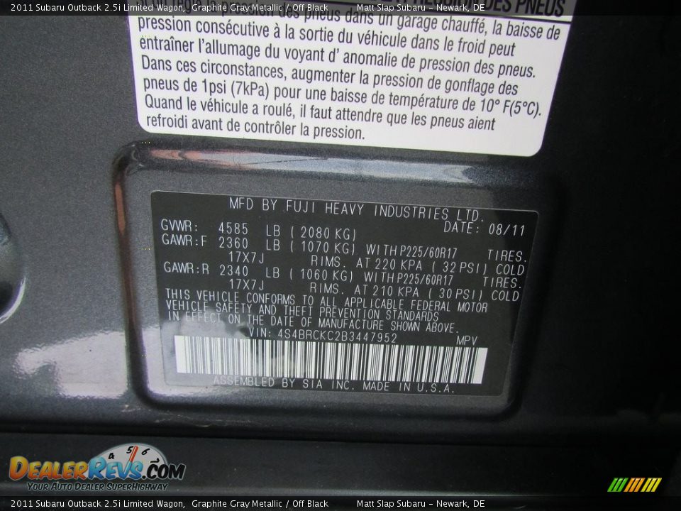 2011 Subaru Outback 2.5i Limited Wagon Graphite Gray Metallic / Off Black Photo #30