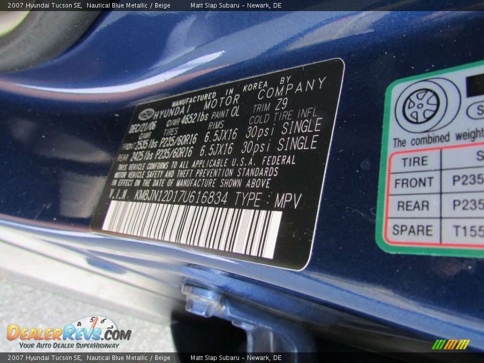 2007 Hyundai Tucson SE Nautical Blue Metallic / Beige Photo #28