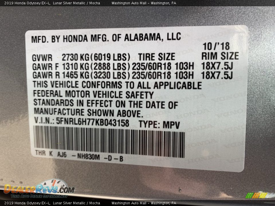 2019 Honda Odyssey EX-L Lunar Silver Metallic / Mocha Photo #9