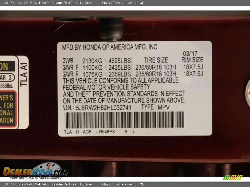 2017 Honda CR-V EX-L AWD Basque Red Pearl II / Gray Photo #22