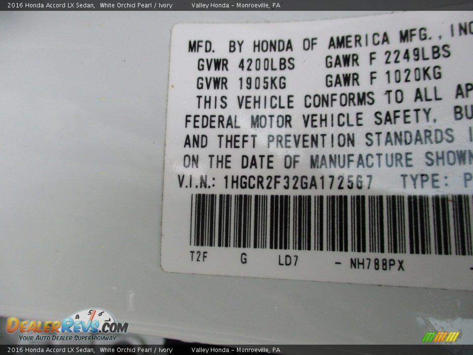 2016 Honda Accord LX Sedan White Orchid Pearl / Ivory Photo #19