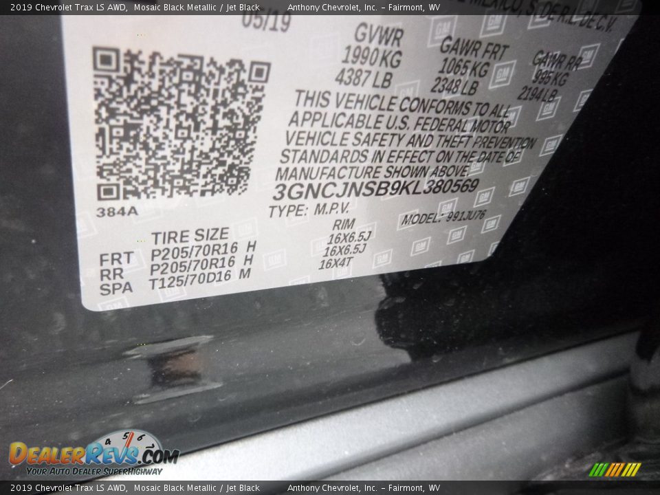 2019 Chevrolet Trax LS AWD Mosaic Black Metallic / Jet Black Photo #15