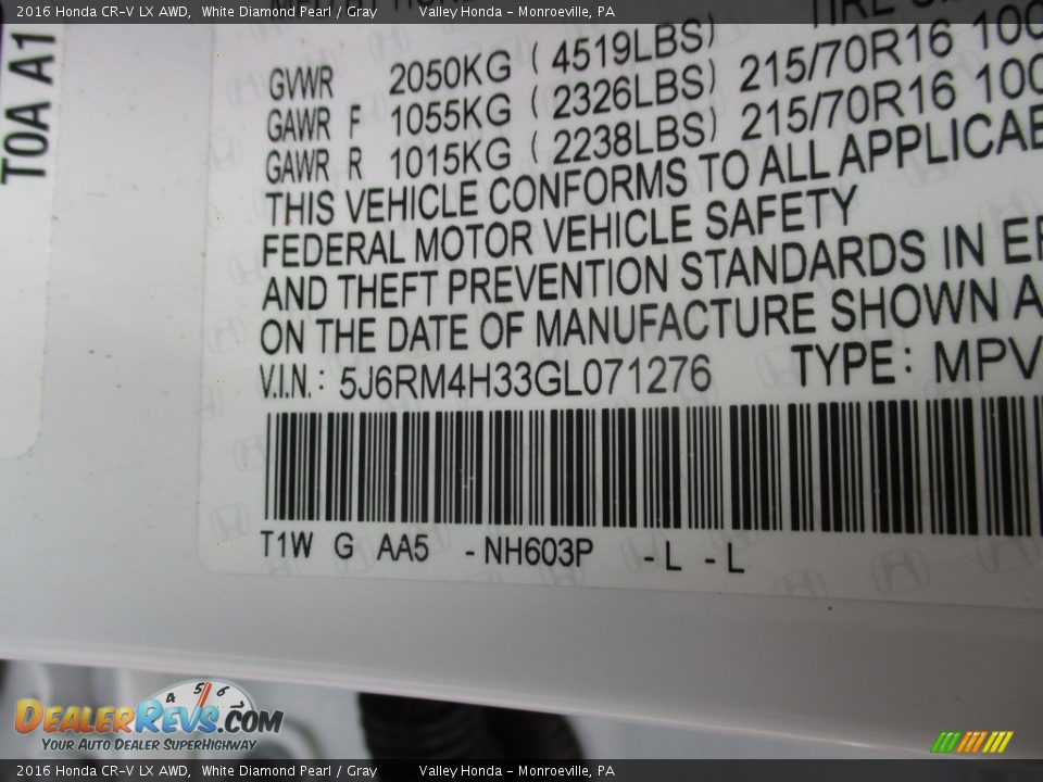 2016 Honda CR-V LX AWD White Diamond Pearl / Gray Photo #19