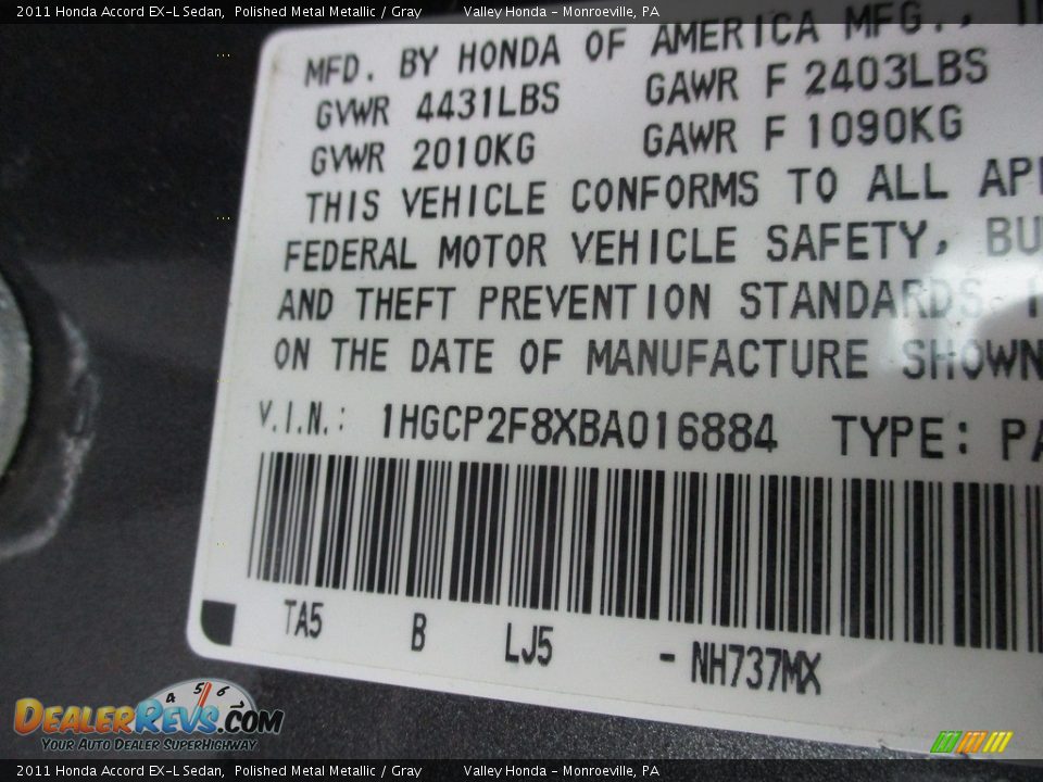 2011 Honda Accord EX-L Sedan Polished Metal Metallic / Gray Photo #19