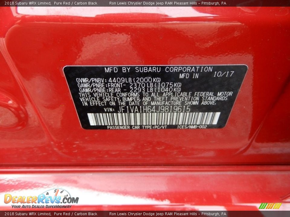 2018 Subaru WRX Limited Pure Red / Carbon Black Photo #16