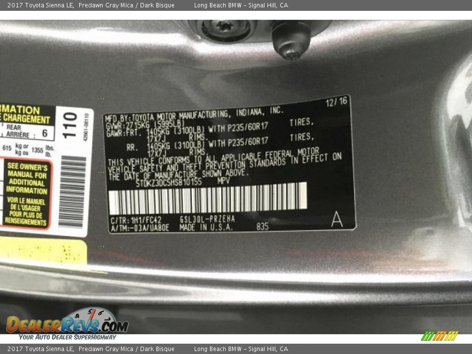 2017 Toyota Sienna LE Predawn Gray Mica / Dark Bisque Photo #19