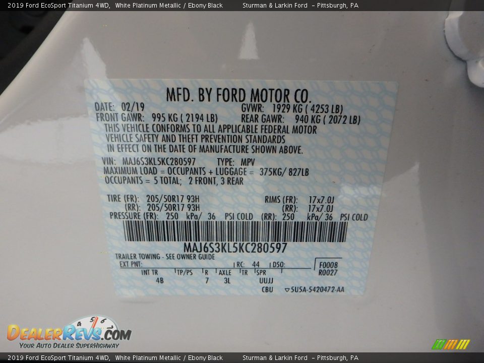 2019 Ford EcoSport Titanium 4WD White Platinum Metallic / Ebony Black Photo #11