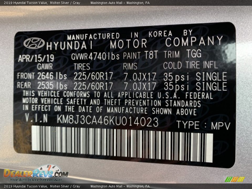 2019 Hyundai Tucson Value Molten Silver / Gray Photo #10