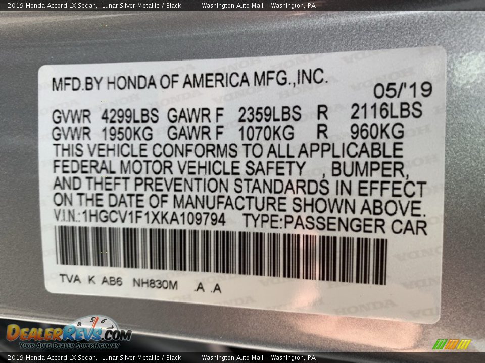 2019 Honda Accord LX Sedan Lunar Silver Metallic / Black Photo #9