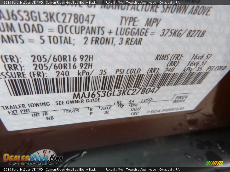 2019 Ford EcoSport SE 4WD Canyon Ridge Metallic / Ebony Black Photo #12