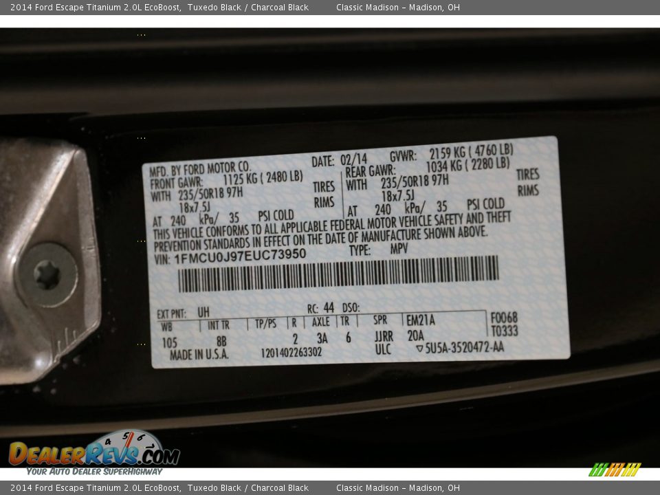 2014 Ford Escape Titanium 2.0L EcoBoost Tuxedo Black / Charcoal Black Photo #20