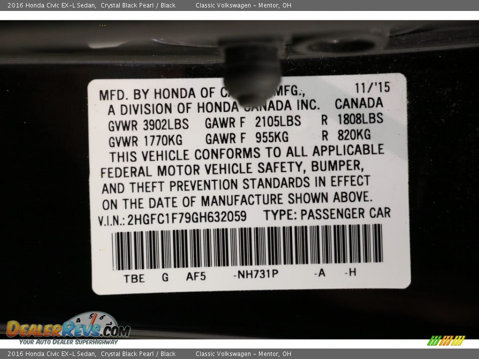 2016 Honda Civic EX-L Sedan Crystal Black Pearl / Black Photo #20