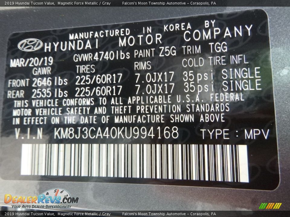 2019 Hyundai Tucson Value Magnetic Force Metallic / Gray Photo #12