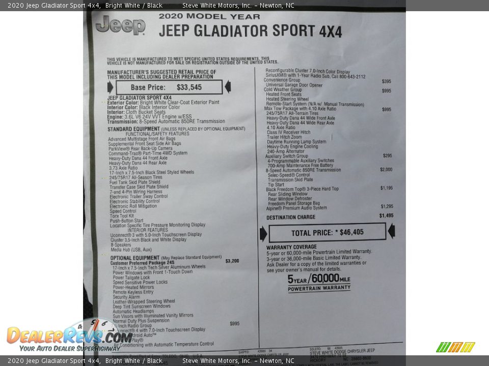 2020 Jeep Gladiator Sport 4x4 Window Sticker Photo #33