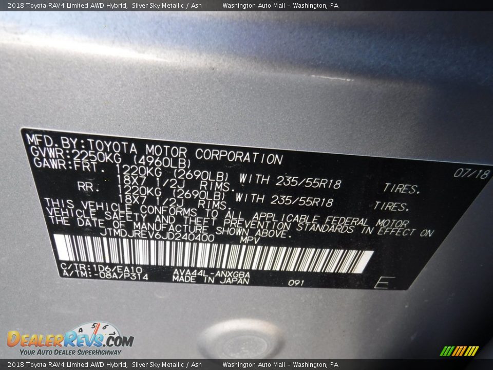 2018 Toyota RAV4 Limited AWD Hybrid Silver Sky Metallic / Ash Photo #33
