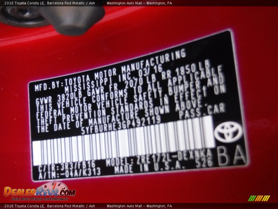 2016 Toyota Corolla LE Barcelona Red Metallic / Ash Photo #24