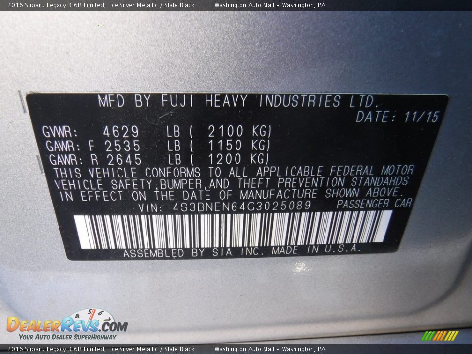 2016 Subaru Legacy 3.6R Limited Ice Silver Metallic / Slate Black Photo #28