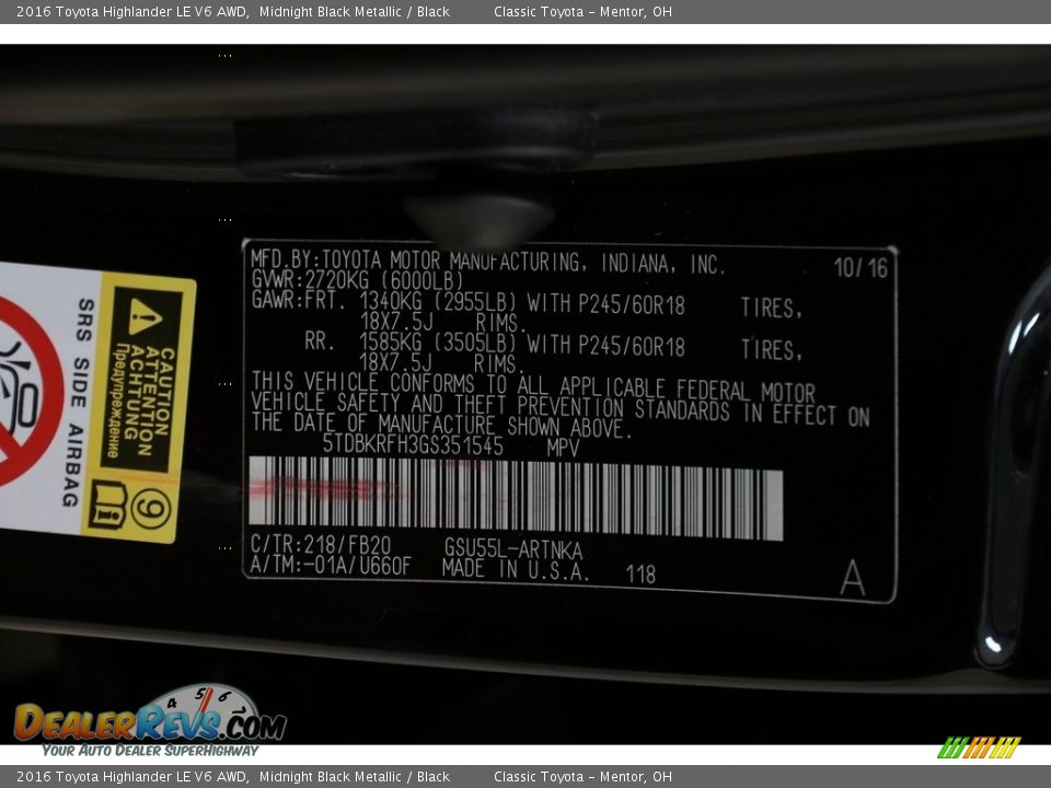 2016 Toyota Highlander LE V6 AWD Midnight Black Metallic / Black Photo #21