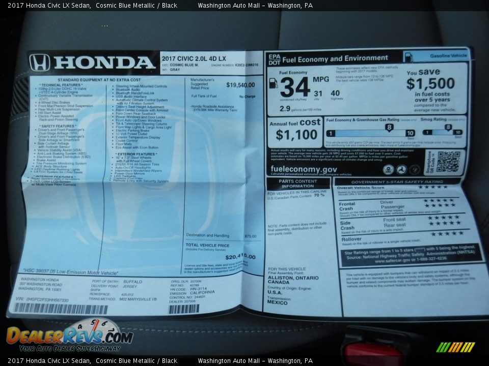 2017 Honda Civic LX Sedan Cosmic Blue Metallic / Black Photo #23