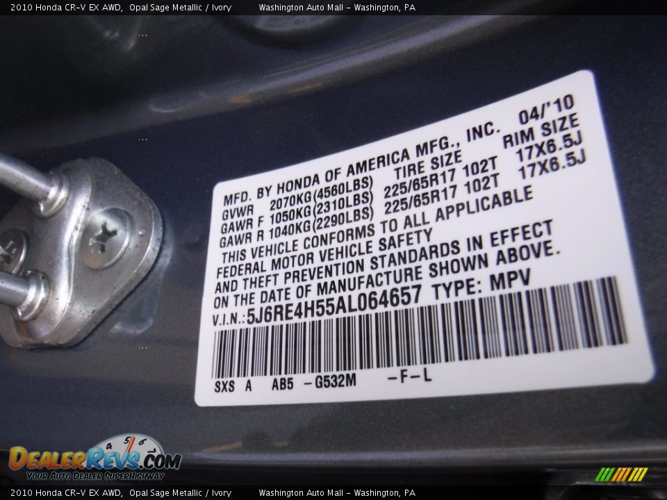 2010 Honda CR-V EX AWD Opal Sage Metallic / Ivory Photo #24
