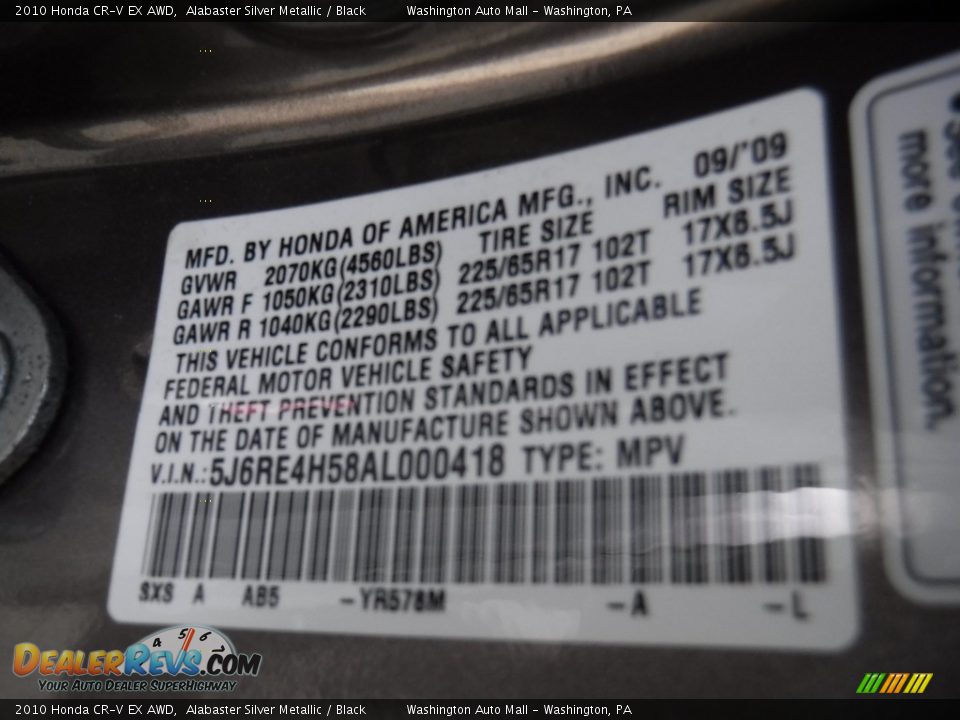 2010 Honda CR-V EX AWD Alabaster Silver Metallic / Black Photo #19