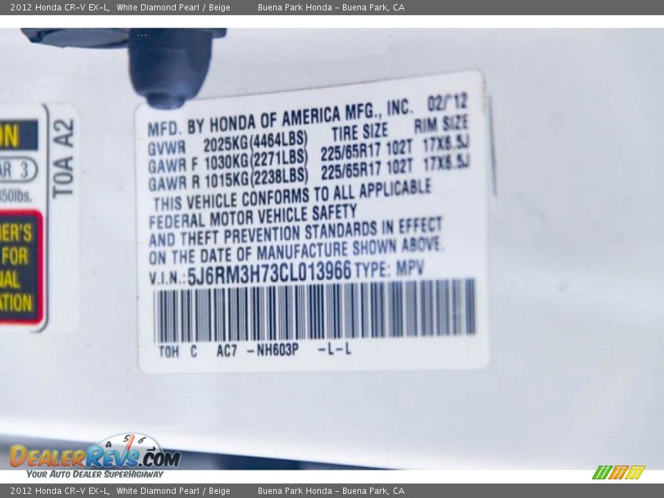 2012 Honda CR-V EX-L White Diamond Pearl / Beige Photo #35