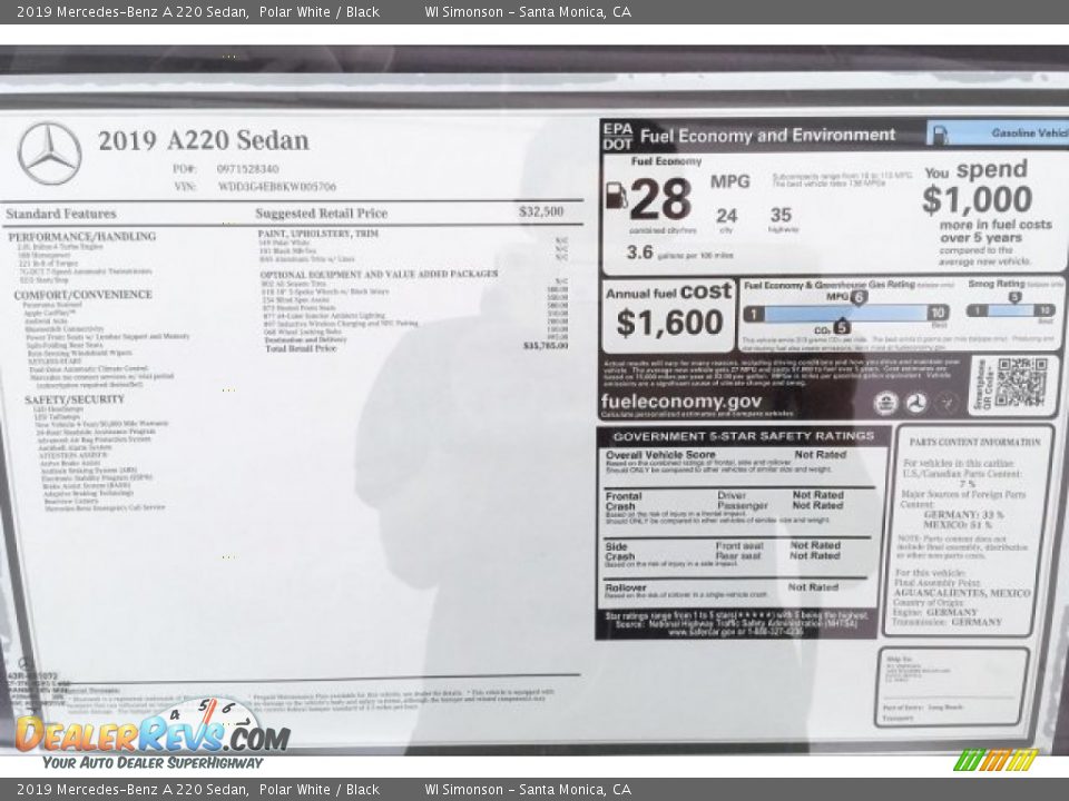 2019 Mercedes-Benz A 220 Sedan Polar White / Black Photo #10