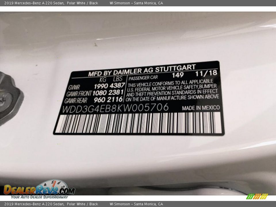 2019 Mercedes-Benz A 220 Sedan Polar White / Black Photo #11