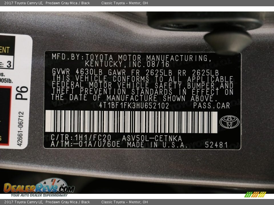 2017 Toyota Camry LE Predawn Gray Mica / Black Photo #19