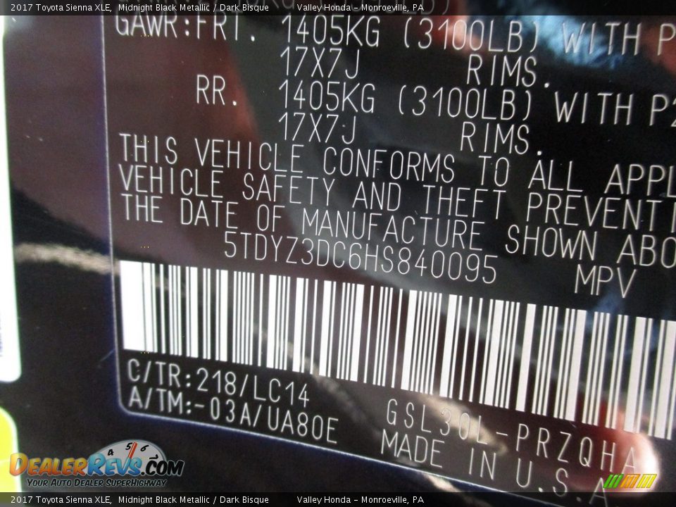 2017 Toyota Sienna XLE Midnight Black Metallic / Dark Bisque Photo #19