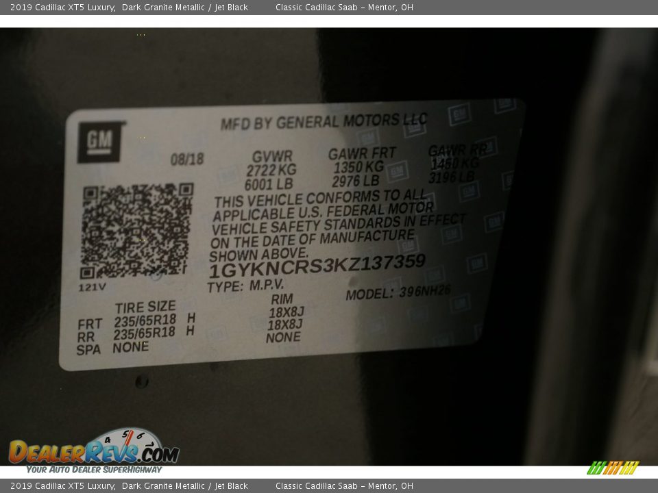 2019 Cadillac XT5 Luxury Dark Granite Metallic / Jet Black Photo #27