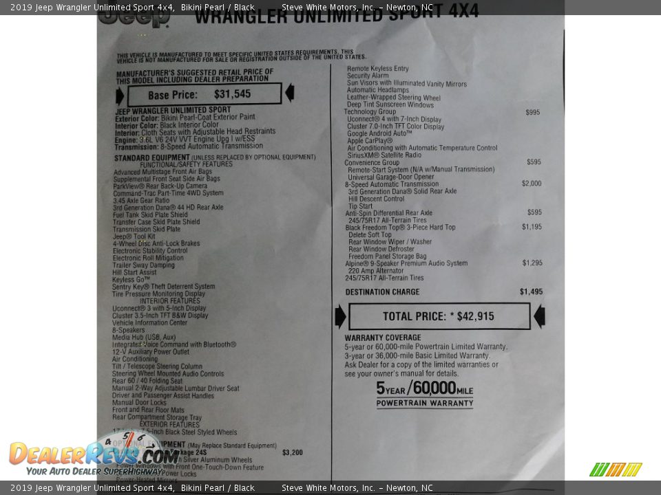 2019 Jeep Wrangler Unlimited Sport 4x4 Bikini Pearl / Black Photo #31