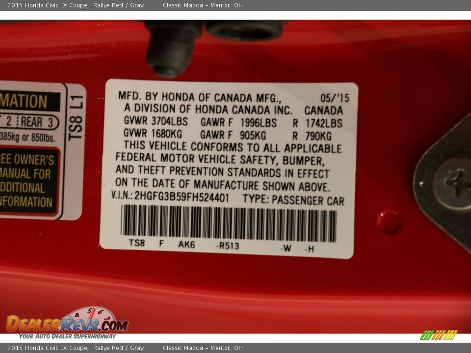 2015 Honda Civic LX Coupe Rallye Red / Gray Photo #19