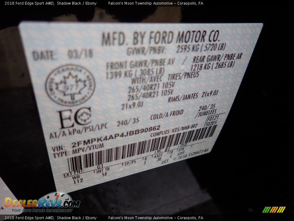 2018 Ford Edge Sport AWD Shadow Black / Ebony Photo #23