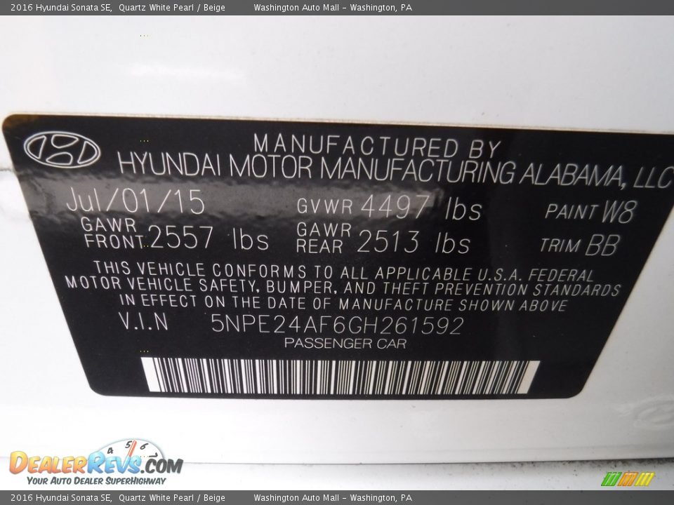 2016 Hyundai Sonata SE Quartz White Pearl / Beige Photo #24