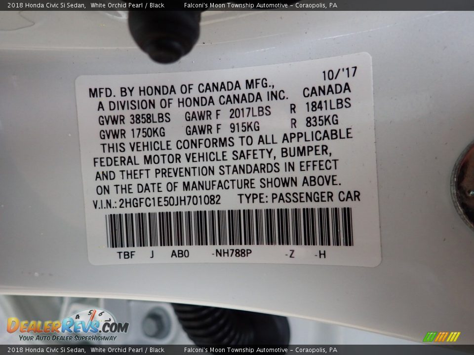 2018 Honda Civic Si Sedan White Orchid Pearl / Black Photo #23