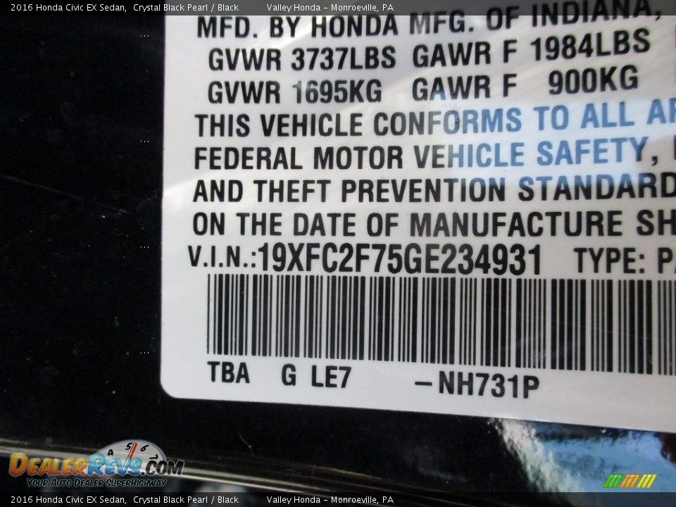 2016 Honda Civic EX Sedan Crystal Black Pearl / Black Photo #19