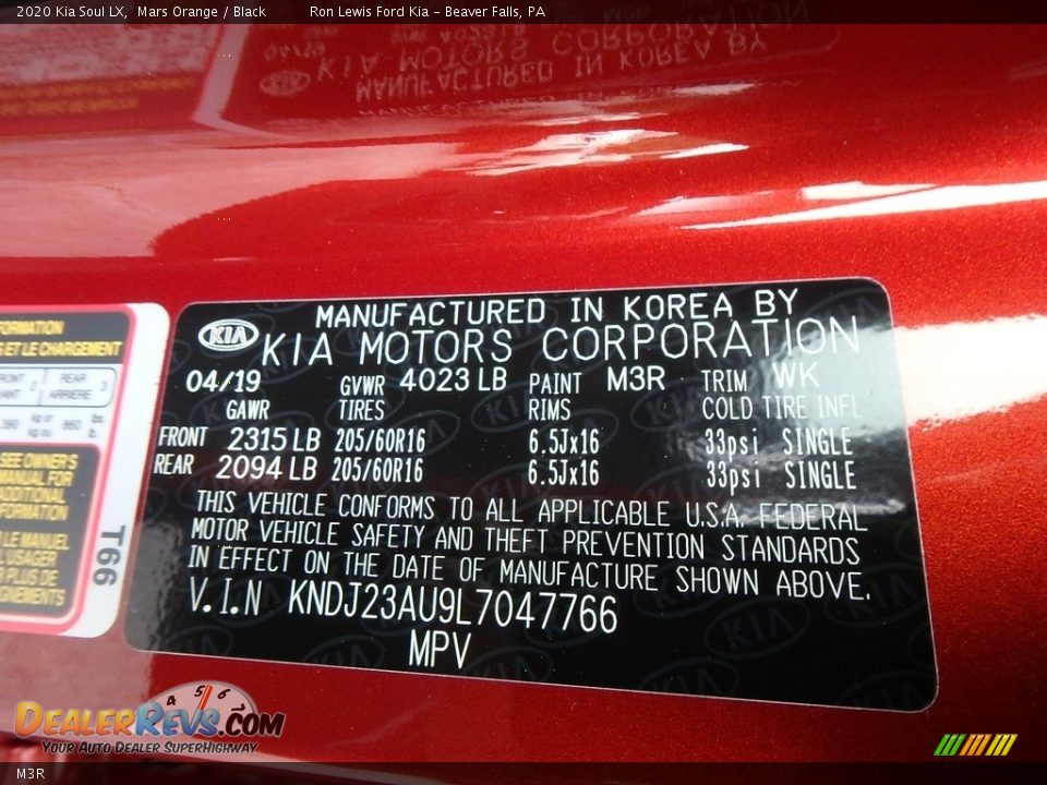 Kia Color Code M3R Mars Orange