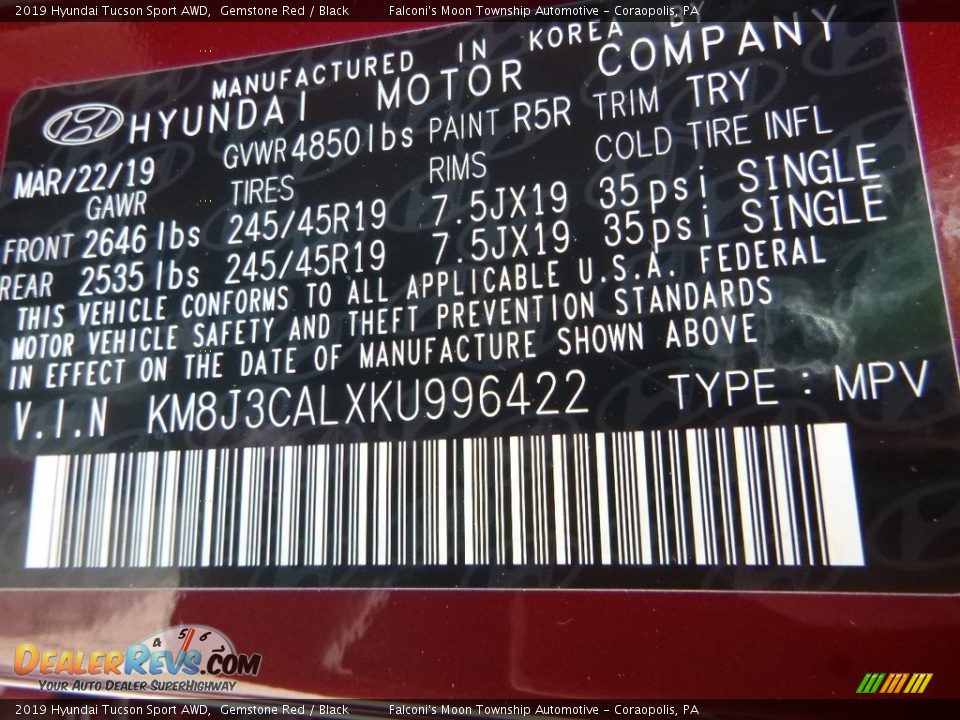 2019 Hyundai Tucson Sport AWD Gemstone Red / Black Photo #12