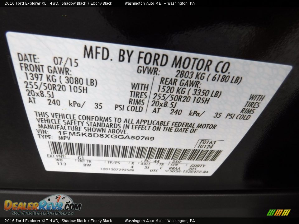 2016 Ford Explorer XLT 4WD Shadow Black / Ebony Black Photo #30