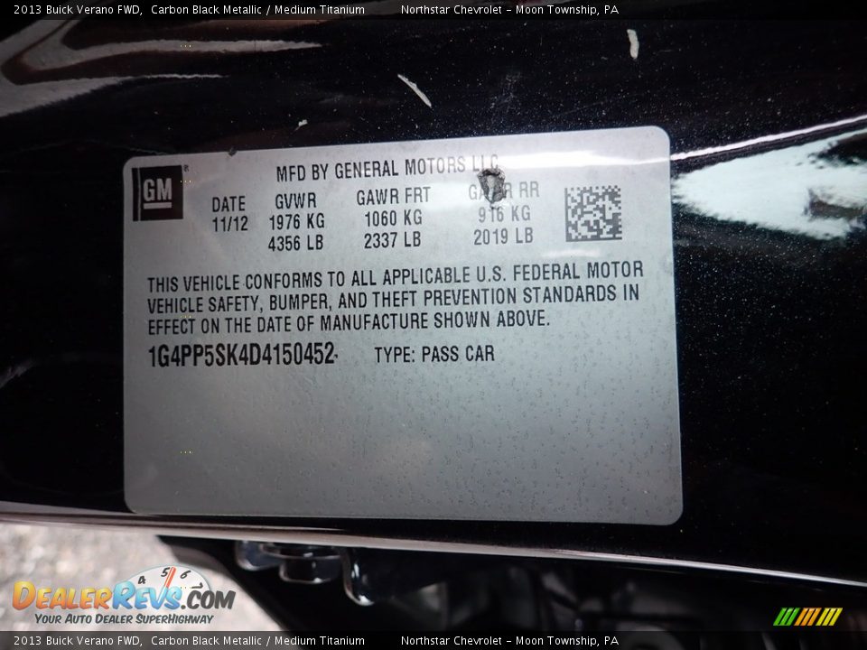 2013 Buick Verano FWD Carbon Black Metallic / Medium Titanium Photo #14