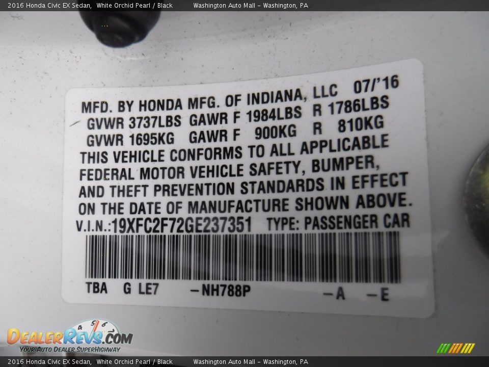 2016 Honda Civic EX Sedan White Orchid Pearl / Black Photo #26