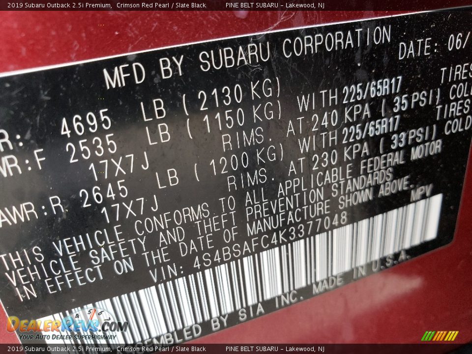 2019 Subaru Outback 2.5i Premium Crimson Red Pearl / Slate Black Photo #9