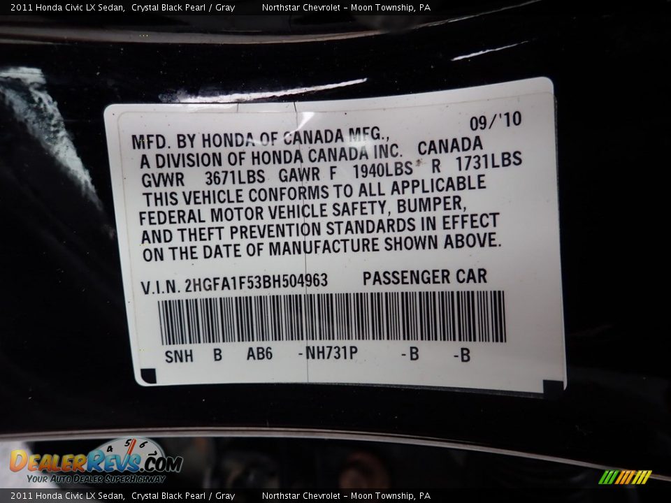2011 Honda Civic LX Sedan Crystal Black Pearl / Gray Photo #29