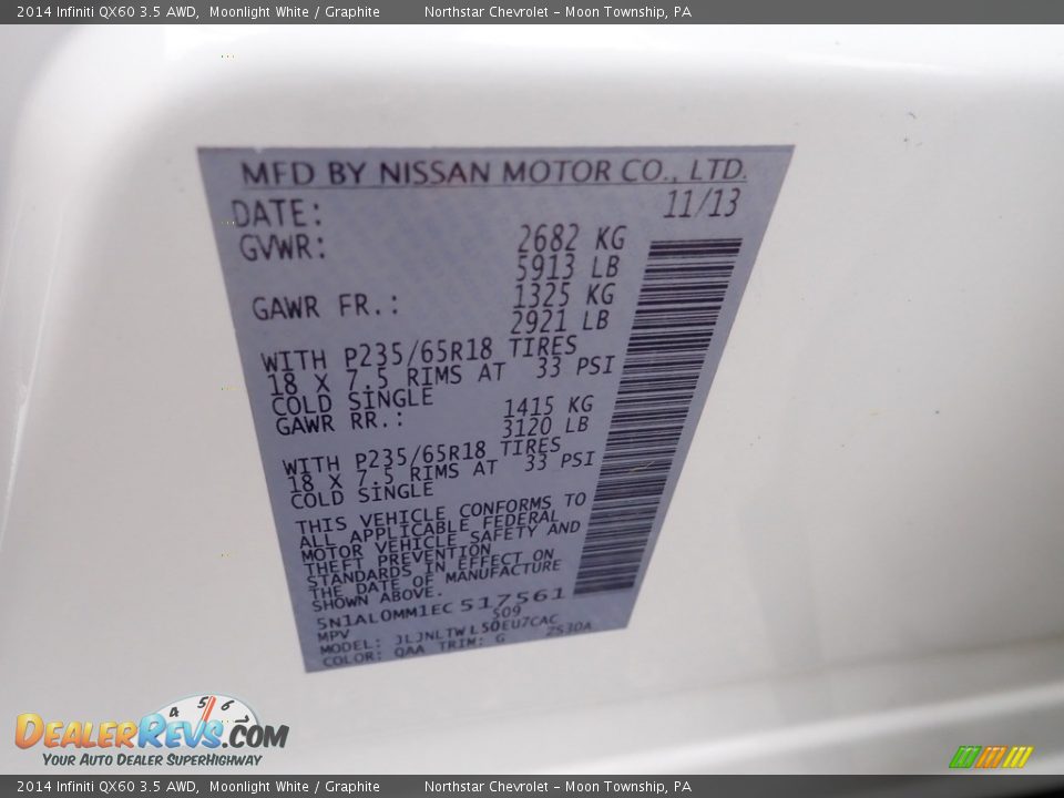 2014 Infiniti QX60 3.5 AWD Moonlight White / Graphite Photo #28