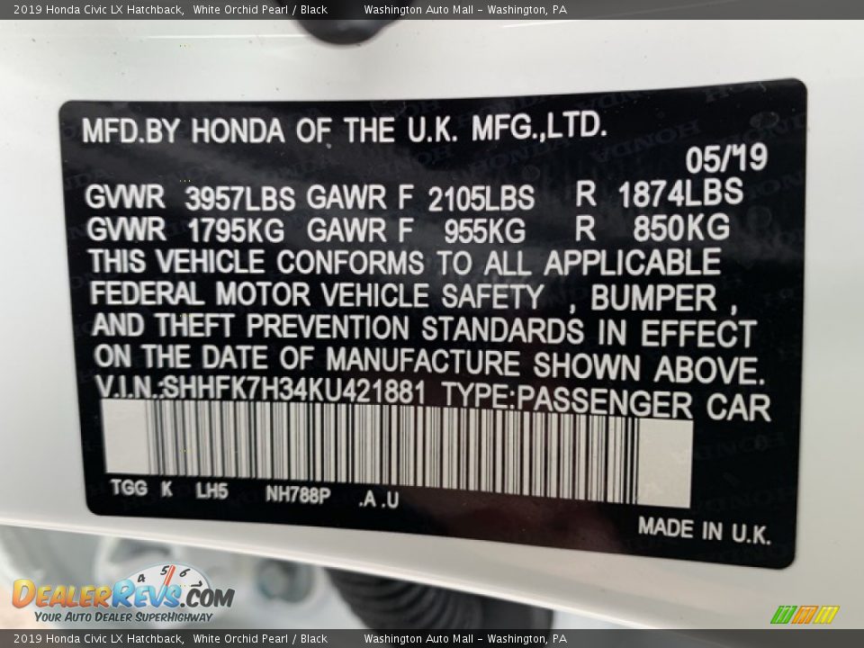 2019 Honda Civic LX Hatchback White Orchid Pearl / Black Photo #9