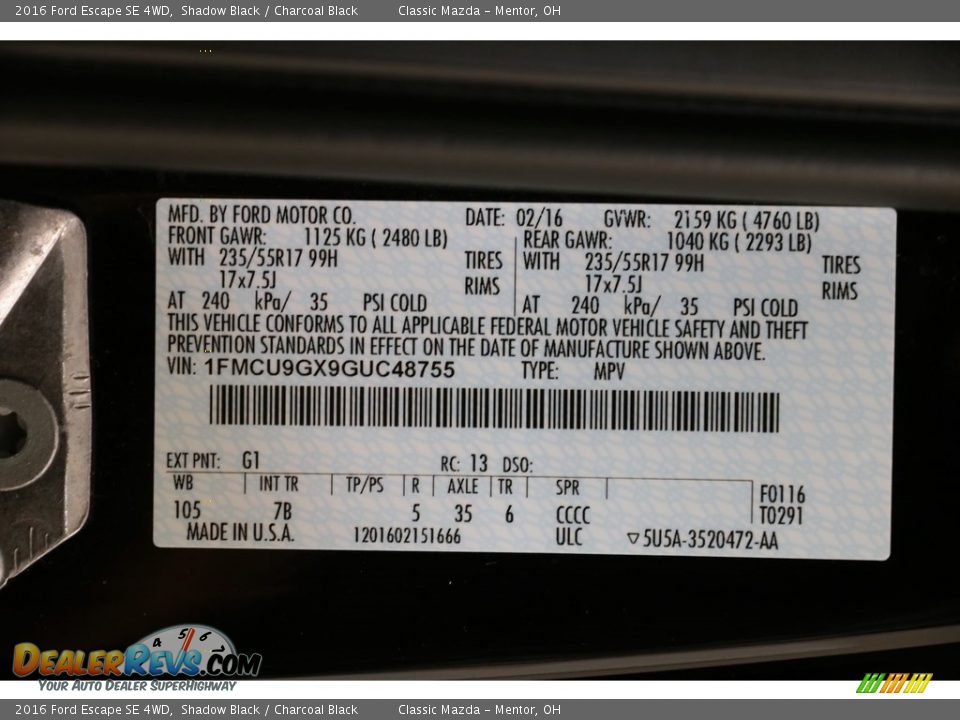 2016 Ford Escape SE 4WD Shadow Black / Charcoal Black Photo #21