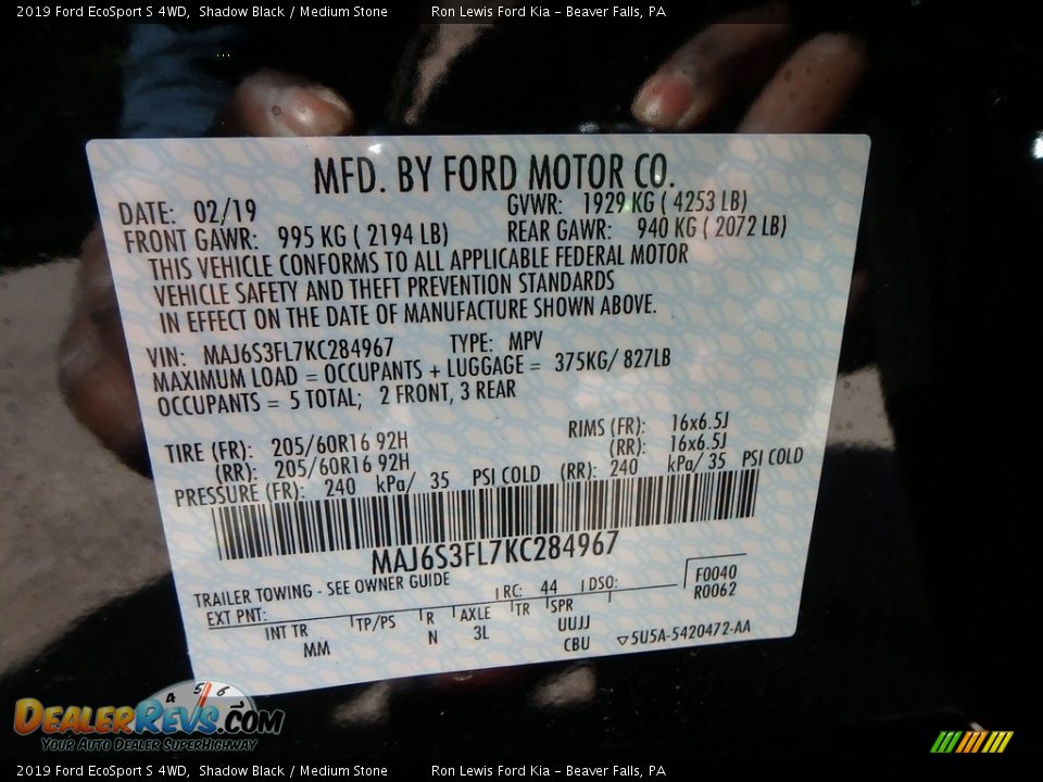 2019 Ford EcoSport S 4WD Shadow Black / Medium Stone Photo #15