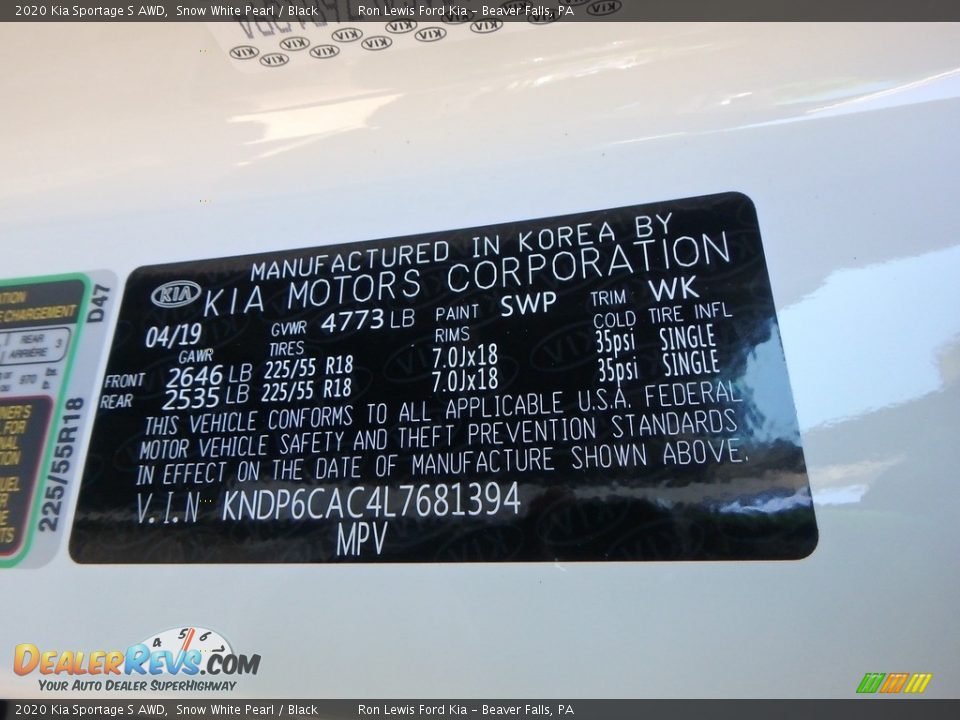 2020 Kia Sportage S AWD Snow White Pearl / Black Photo #15