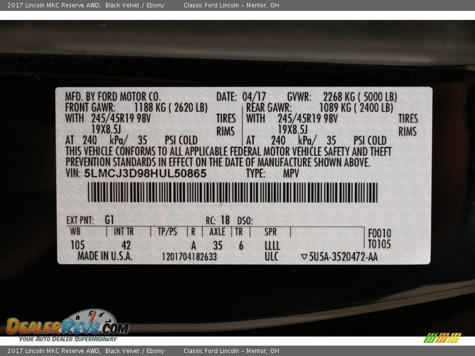 2017 Lincoln MKC Reserve AWD Black Velvet / Ebony Photo #22